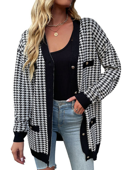 Women's Fashion Coat Long Sleeve Houndstooth Sweater Cardigan Mid Length