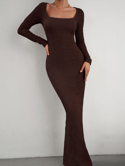 New Ladies Fit Square Neck Long Sleeve Knitted Dress