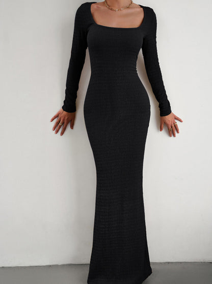 New Ladies Fit Square Neck Long Sleeve Knitted Dress