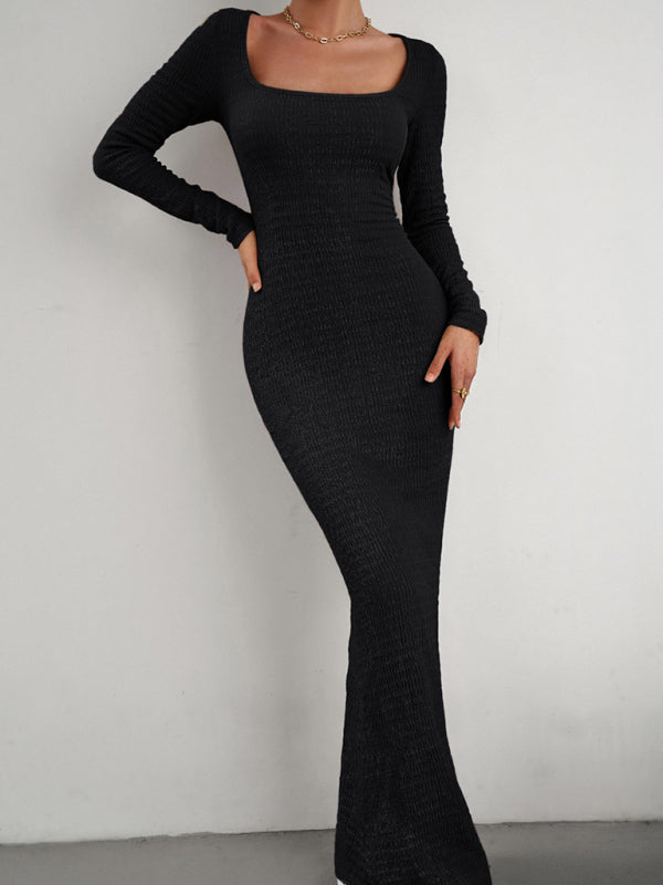 New Ladies Fit Square Neck Long Sleeve Knitted Dress