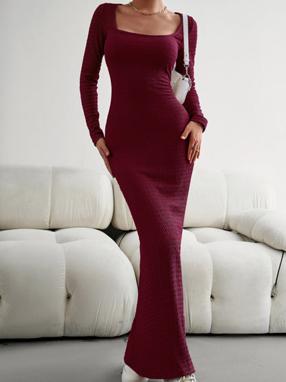 New Ladies Fit Square Neck Long Sleeve Knitted Dress