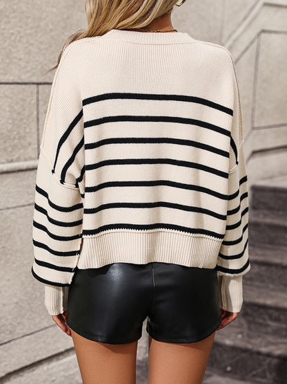 women's round neck knitted sweater loose pullover striped sweater