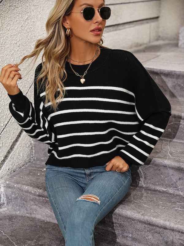 women's round neck knitted sweater loose pullover striped sweater