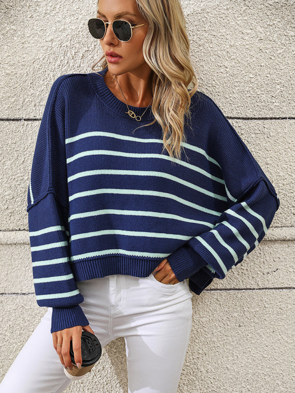 women's round neck knitted sweater loose pullover striped sweater