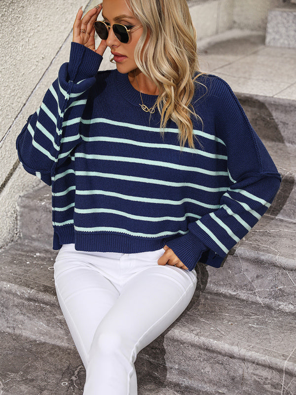 women's round neck knitted sweater loose pullover striped sweater