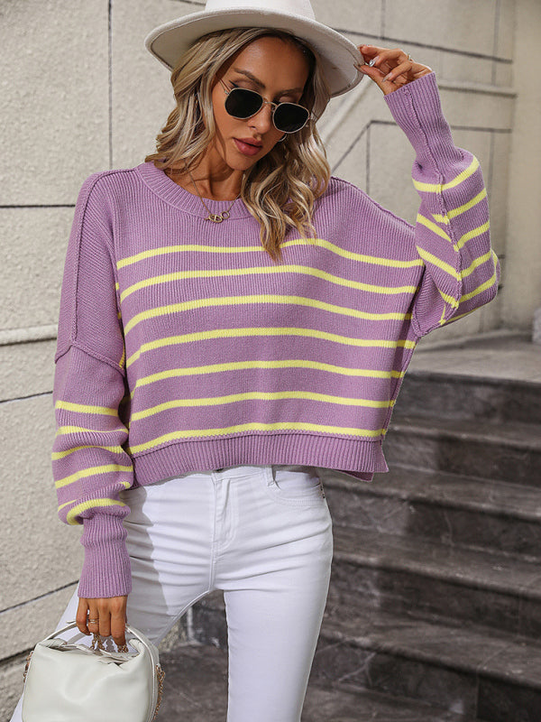 women's round neck knitted sweater loose pullover striped sweater