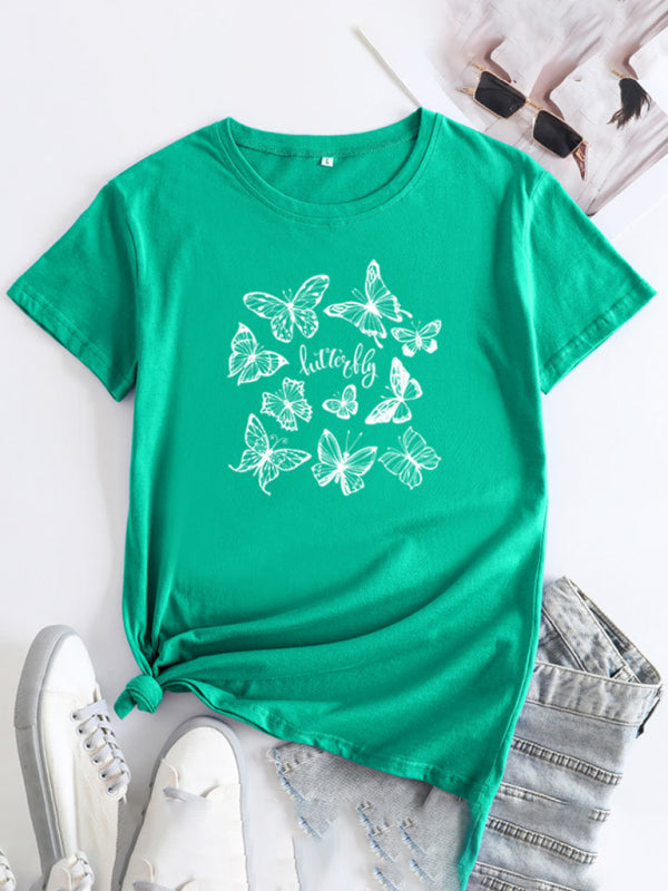 Women's Butterfly Print Round Neck Short Sleeve T-Shirt