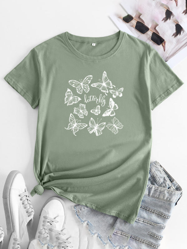 Women's Butterfly Print Round Neck Short Sleeve T-Shirt