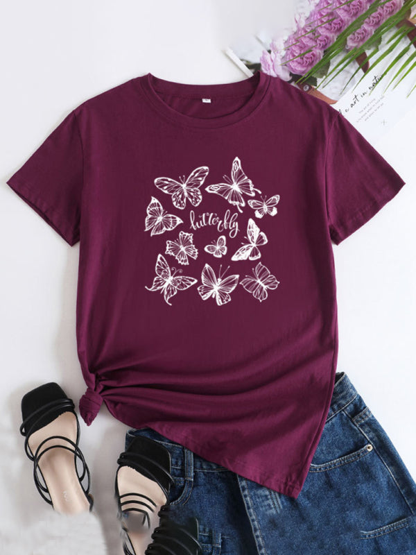 Women's Butterfly Print Round Neck Short Sleeve T-Shirt