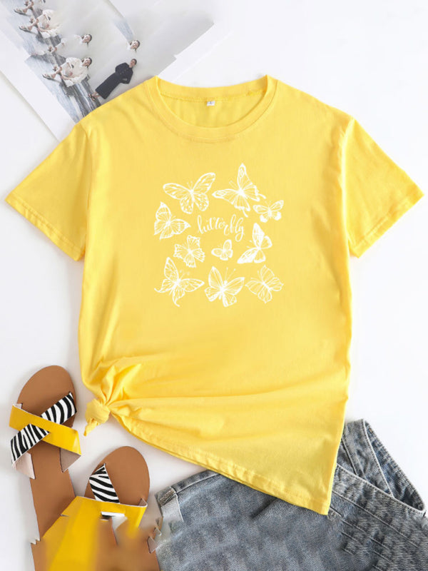 Women's Butterfly Print Round Neck Short Sleeve T-Shirt