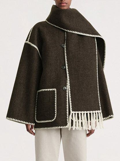 New wool blend coat fringed scarf collar loose woolen coat