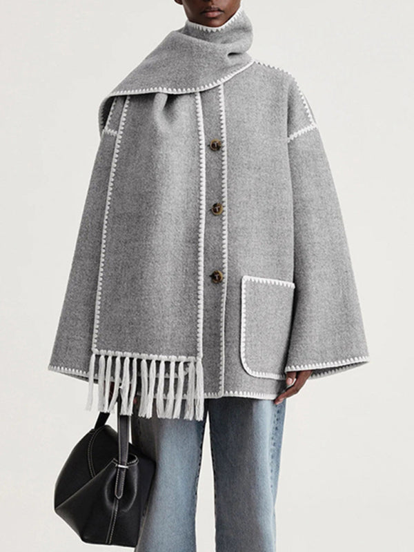 New wool blend coat fringed scarf collar loose woolen coat