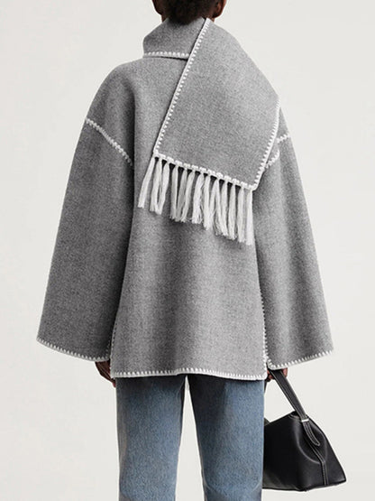 New wool blend coat fringed scarf collar loose woolen coat