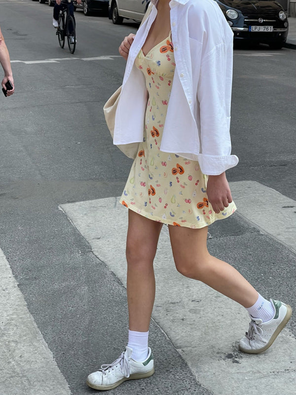 Vestido de verano con tirantes, sexy, dulce y floral, sin mangas, escote en V, bolso, falda a la cadera 