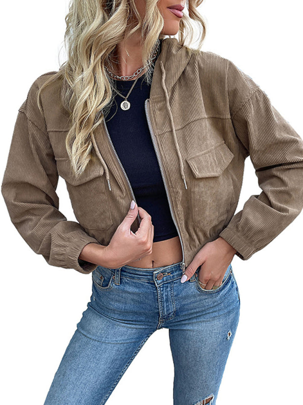 Fashion Women's Solid Color Hooded Corduroy Jacket