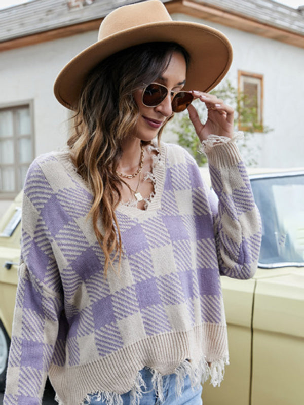 Distressed Checkered Knit Sweater for Women