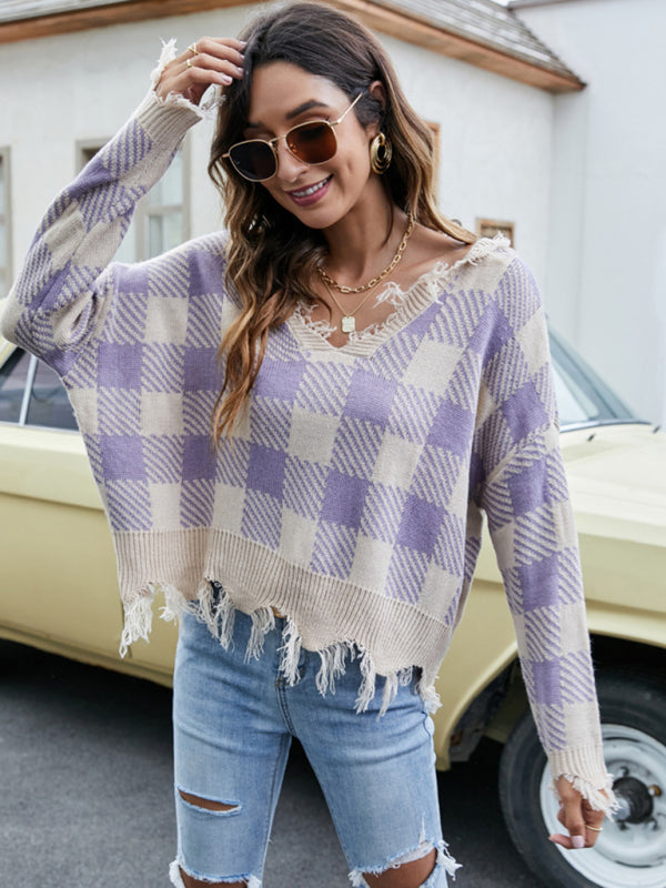 Distressed Checkered Knit Sweater for Women