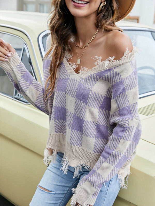 Distressed Checkered Knit Sweater for Women