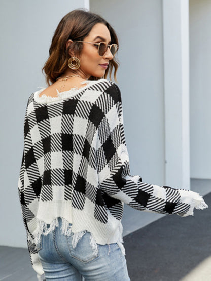 Distressed Checkered Knit Sweater for Women