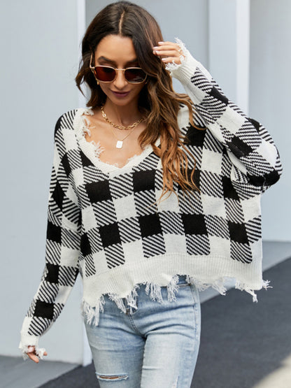 Distressed Checkered Knit Sweater for Women