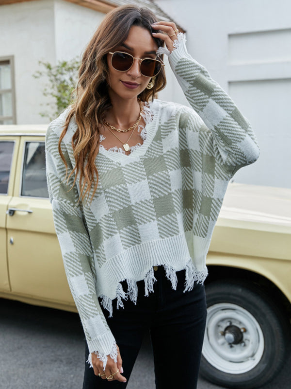 Distressed Checkered Knit Sweater for Women