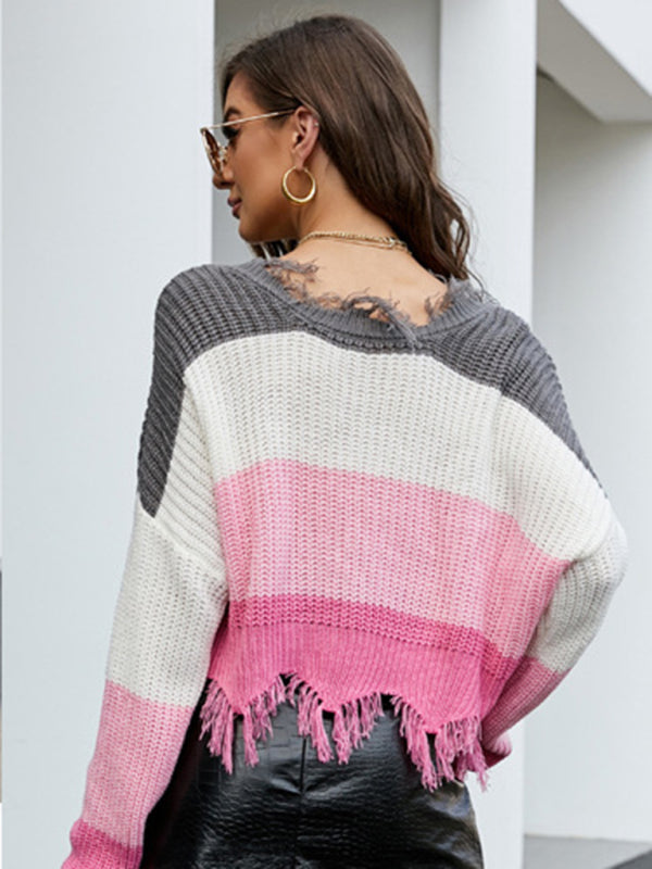 Distressed Checkered Knit Sweater for Women