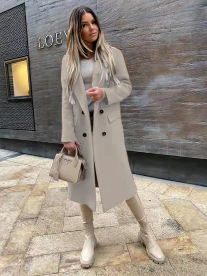 women's long sleeve suit collar double breasted woolen coat coat