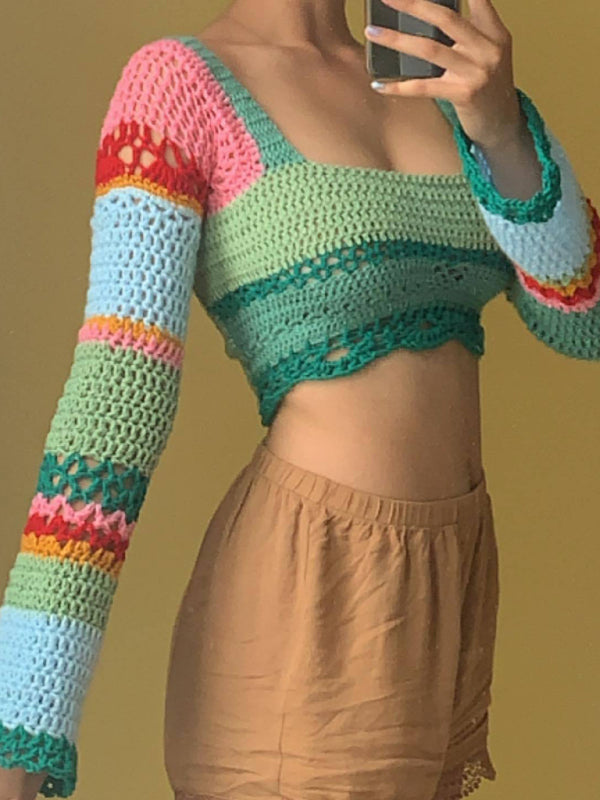 Women's new square collar colorful striped color block handmade crocheted long-sleeved top