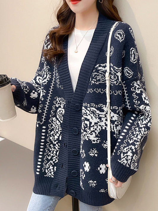 Women Casual Knit Patterned Button Cardigan