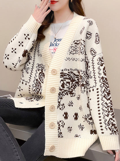 Women Casual Knit Patterned Button Cardigan