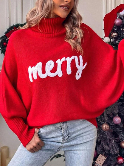 Women's turtleneck loose bat sleeves letter sweater