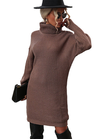 New Women's Solid Color Turtleneck Sweater Dress