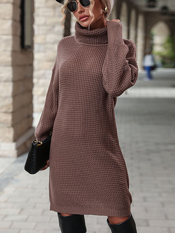 New Women's Solid Color Turtleneck Sweater Dress