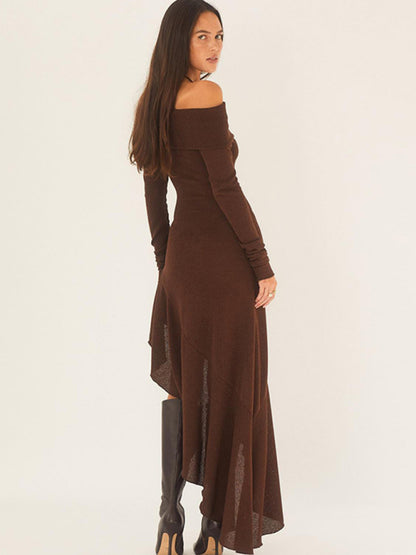 Women's elegant one-shoulder long-sleeved body-fitting ruffled long dress