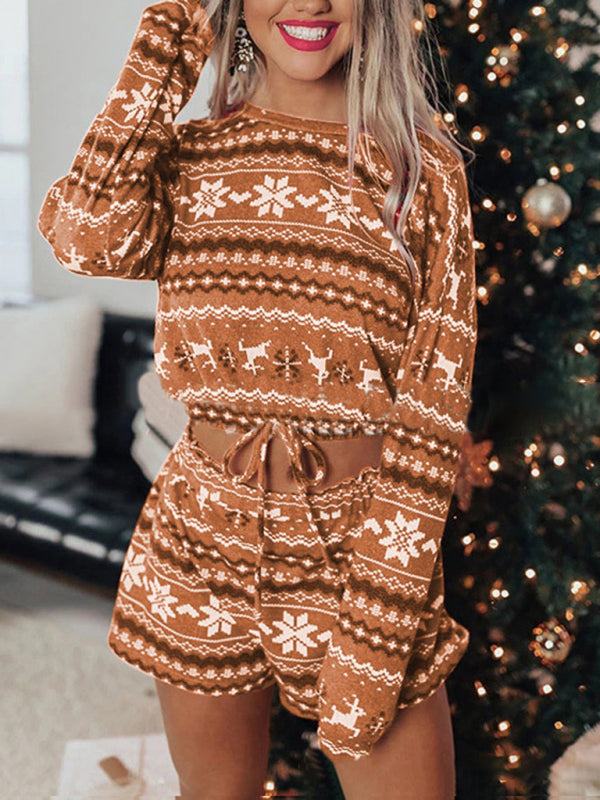 Women's Christmas long-sleeved sweatshirt shorts set