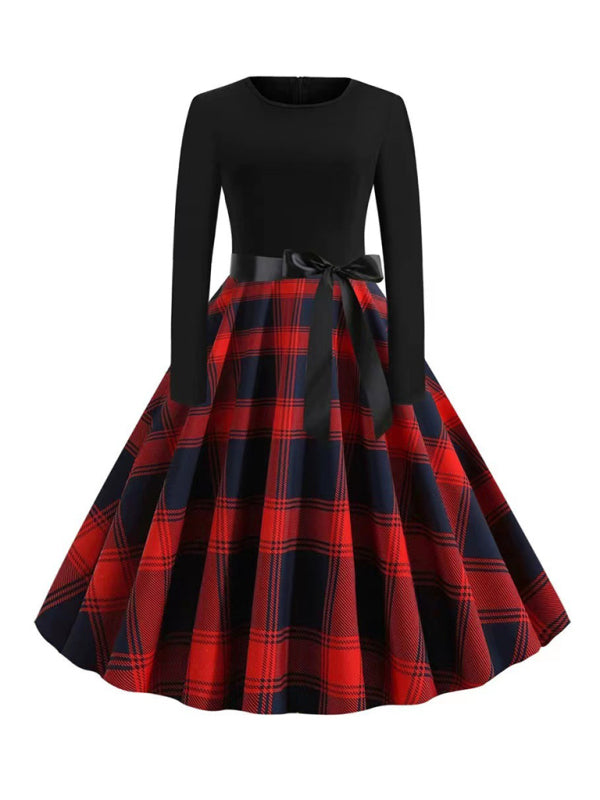 Women's Plaid Print Belted Swing Dress