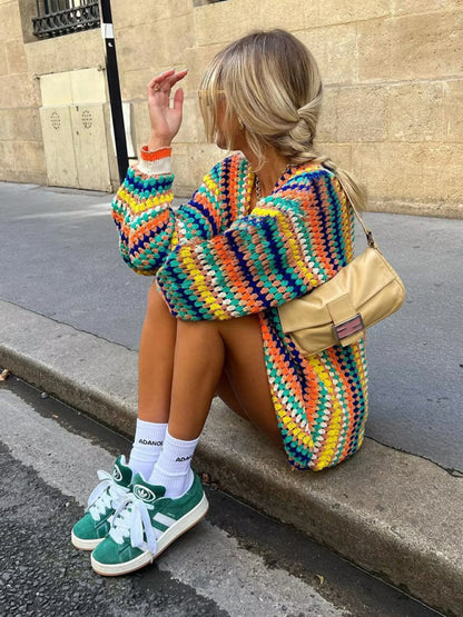 Women's Street Fashion Cardigan Multicolor Hand Crochet Sweater