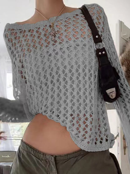 Women's loose see-through mesh long-sleeved knitted top