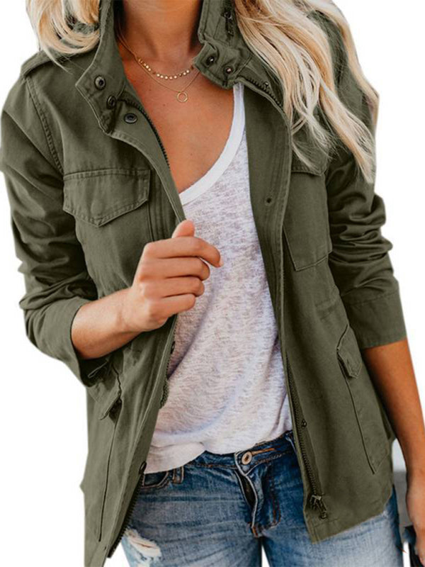 Slim fashion trendy solid color loose zippered multi-pocket jacket women's coat