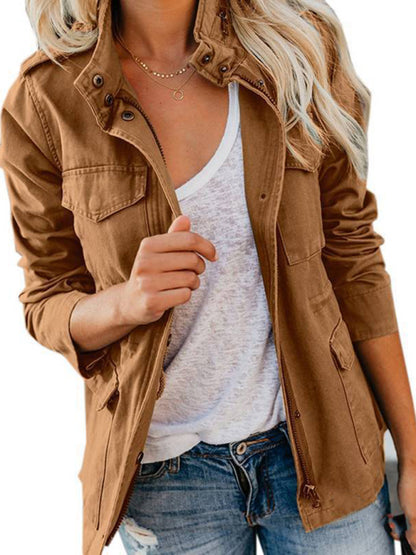 Slim fashion trendy solid color loose zippered multi-pocket jacket women's coat