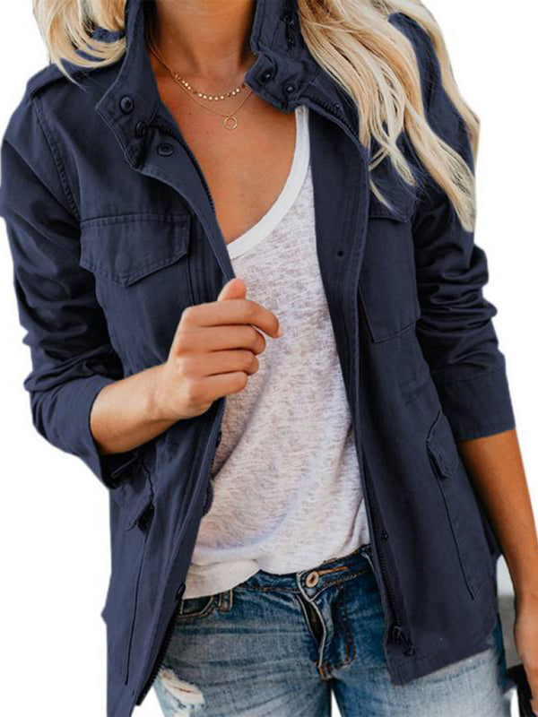 Slim fashion trendy solid color loose zippered multi-pocket jacket women's coat