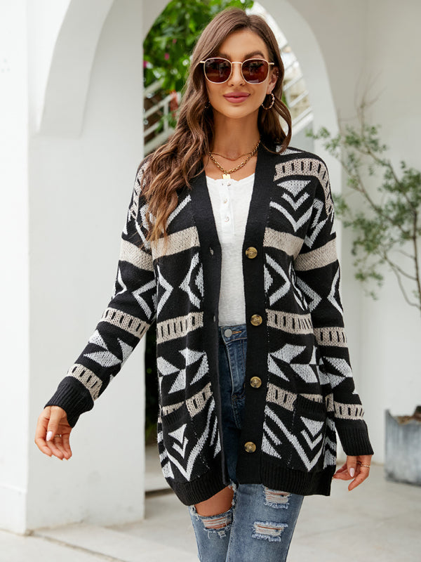 Women's Diamond Loose Jacquard Knitted Cardigan