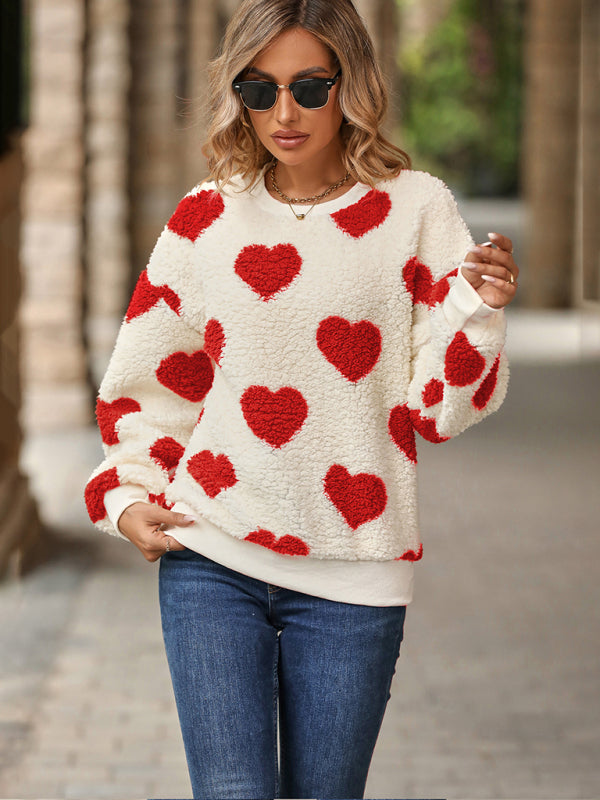 Women's Christmas Valentine's Day Plush Love Print Loose Long Sleeve Round Neck Pullover Sweatshirt