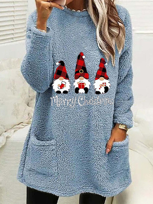 Women's Long Sleeve Casual Round Neck Pullover Pocket Christmas Plush Sweatshirt