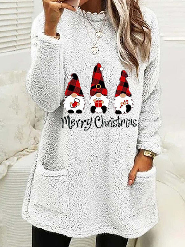 Women's Long Sleeve Casual Round Neck Pullover Pocket Christmas Plush Sweatshirt