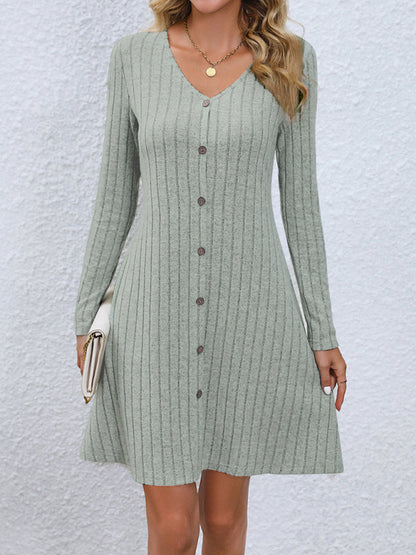 Women's Fashion Button Waist Long Sleeve Dress