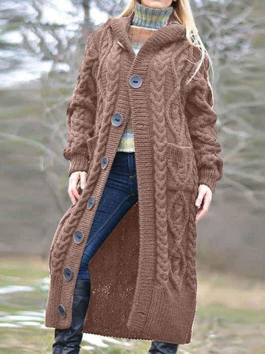 Women Woolen Knit Button Long Cardigan