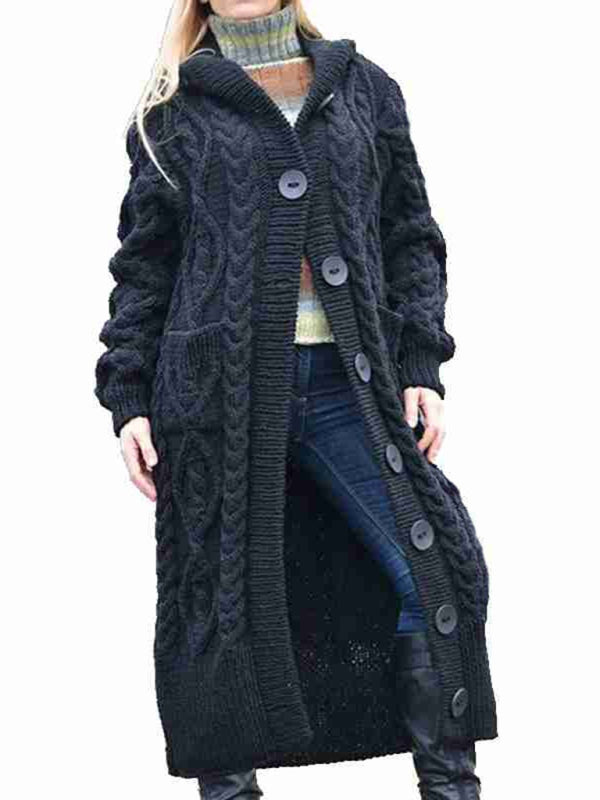 Women Woolen Knit Button Long Cardigan