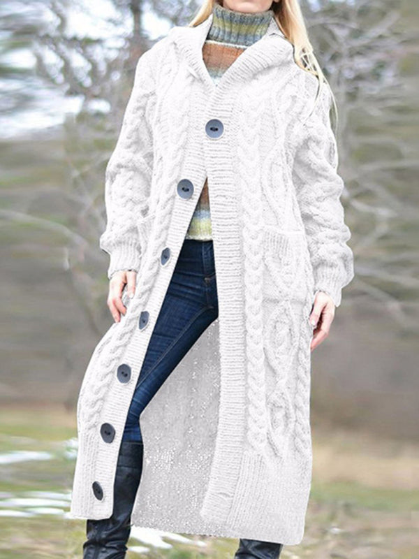 Women Woolen Knit Button Long Cardigan