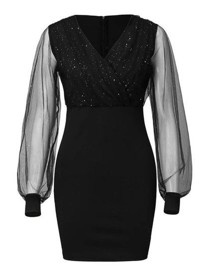 Mesh V-neck sequined long-sleeved dress slim dress for women